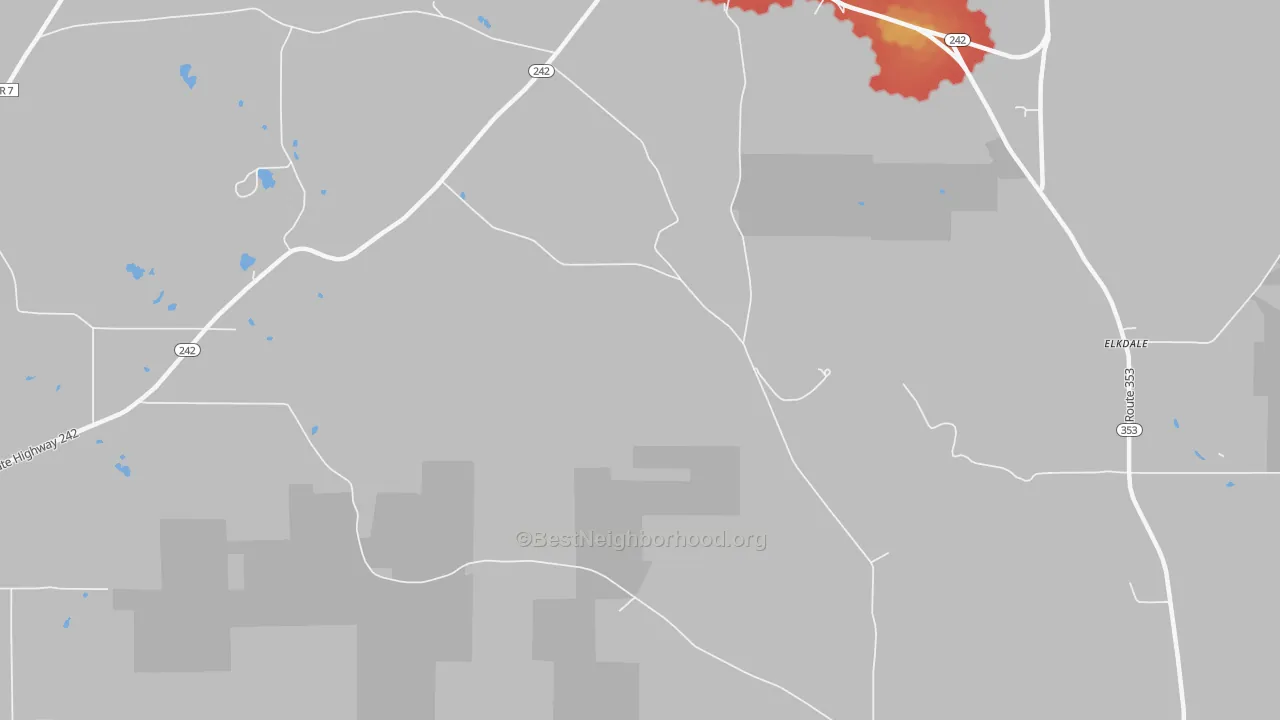 Walk Grade map of Orlando, NY, walkable areas in green and car-dependent areas in red