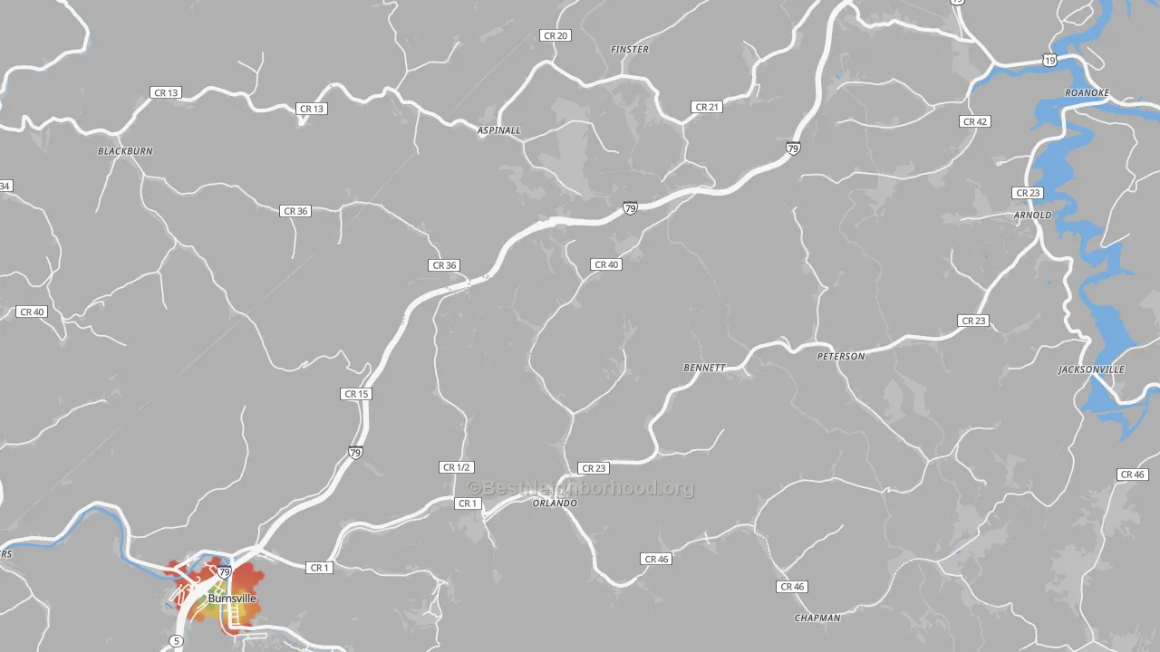 Walk Grade map of Orlando, WV, walkable areas in green and car-dependent areas in red
