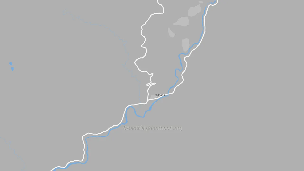 Walk Grade map of Orleans, CA, walkable areas in green and car-dependent areas in red