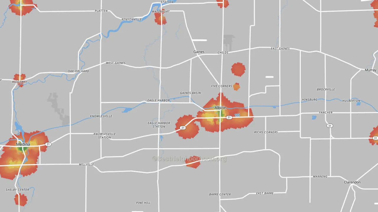 Walk Grade map of Orleans County, NY, walkable areas in green and car-dependent areas in red