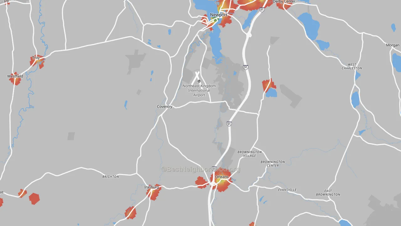 Walk Grade map of Orleans County, VT, walkable areas in green and car-dependent areas in red