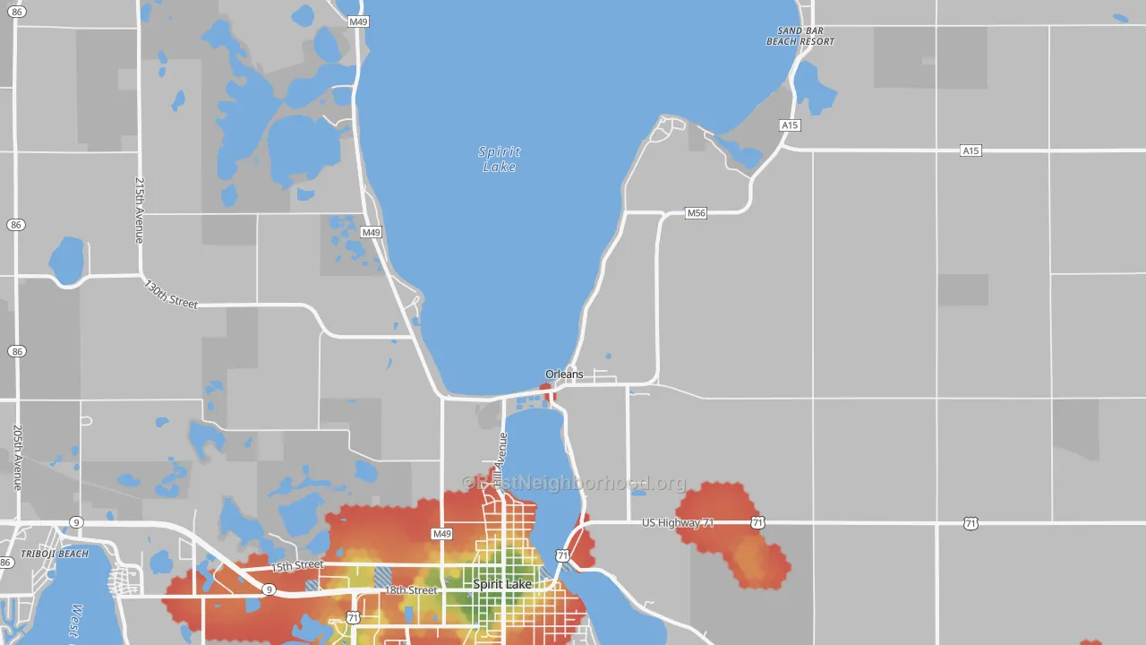 Walk Grade map of Orleans, IA, walkable areas in green and car-dependent areas in red