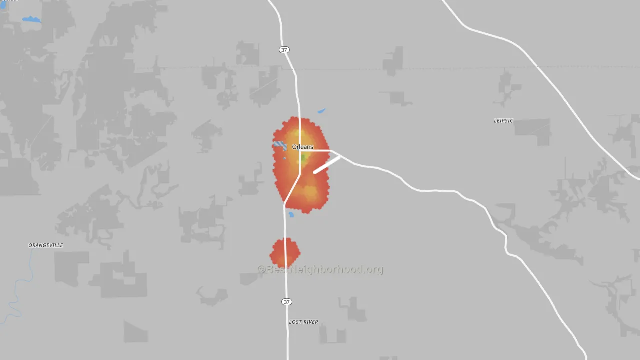 Walk Grade map of Orleans, IN, walkable areas in green and car-dependent areas in red