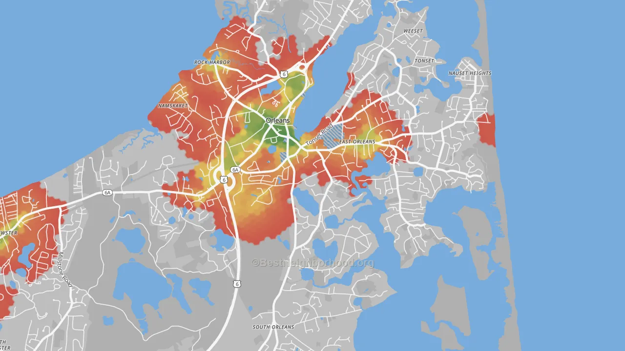 Walk Grade map of Orleans, MA, walkable areas in green and car-dependent areas in red