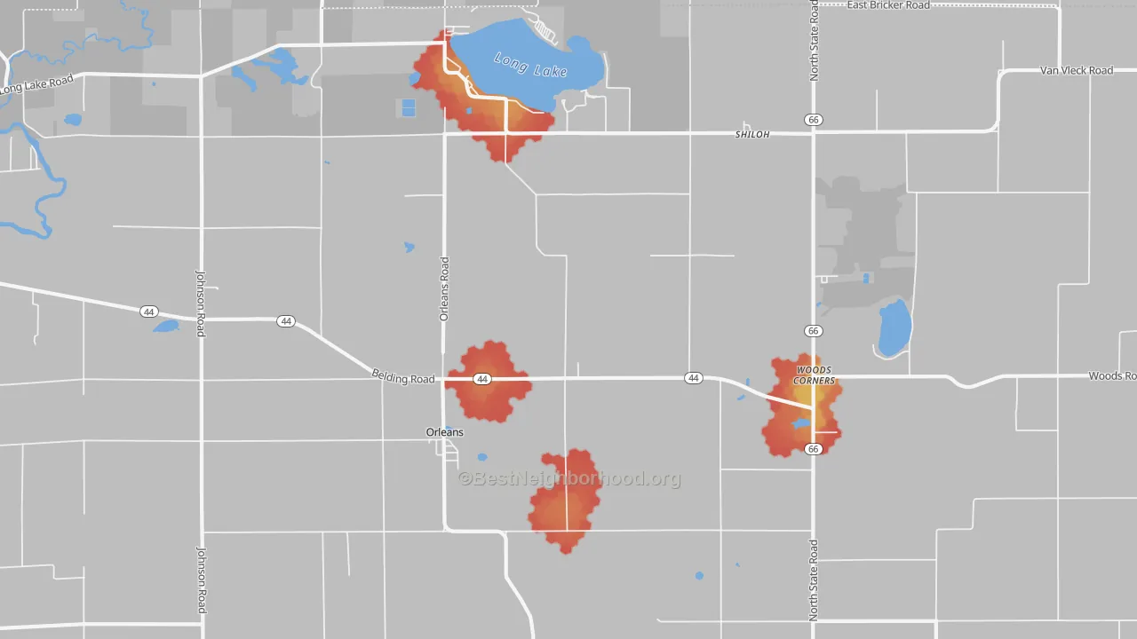 Walk Grade map of Orleans, MI, walkable areas in green and car-dependent areas in red