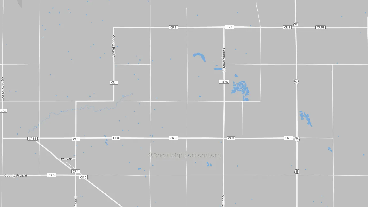 Walk Grade map of Orleans, MN, walkable areas in green and car-dependent areas in red