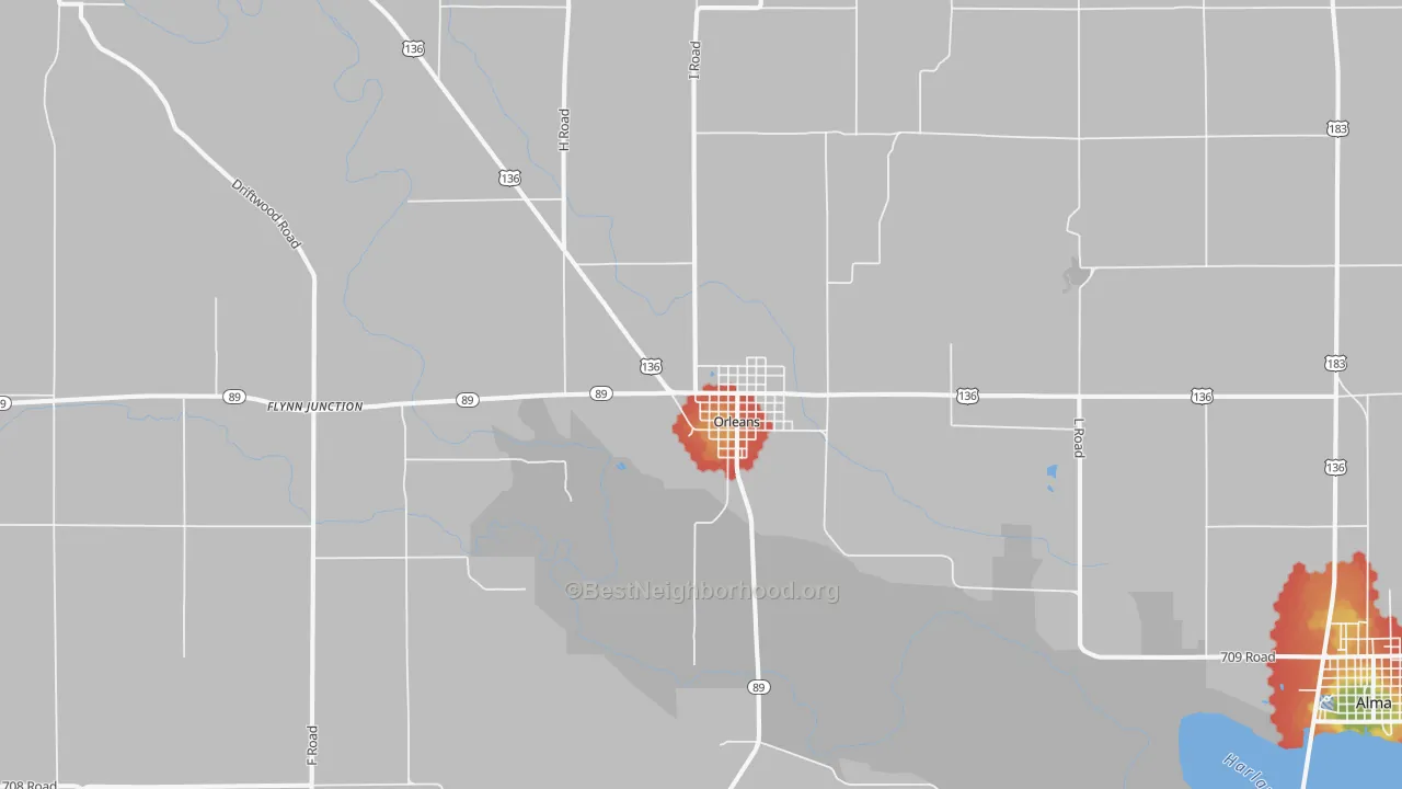 Walk Grade map of Orleans, NE, walkable areas in green and car-dependent areas in red