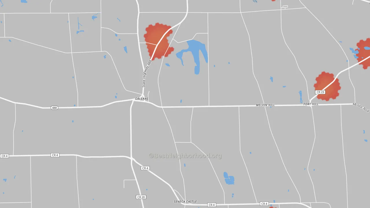 Walk Grade map of Orleans, NY, walkable areas in green and car-dependent areas in red