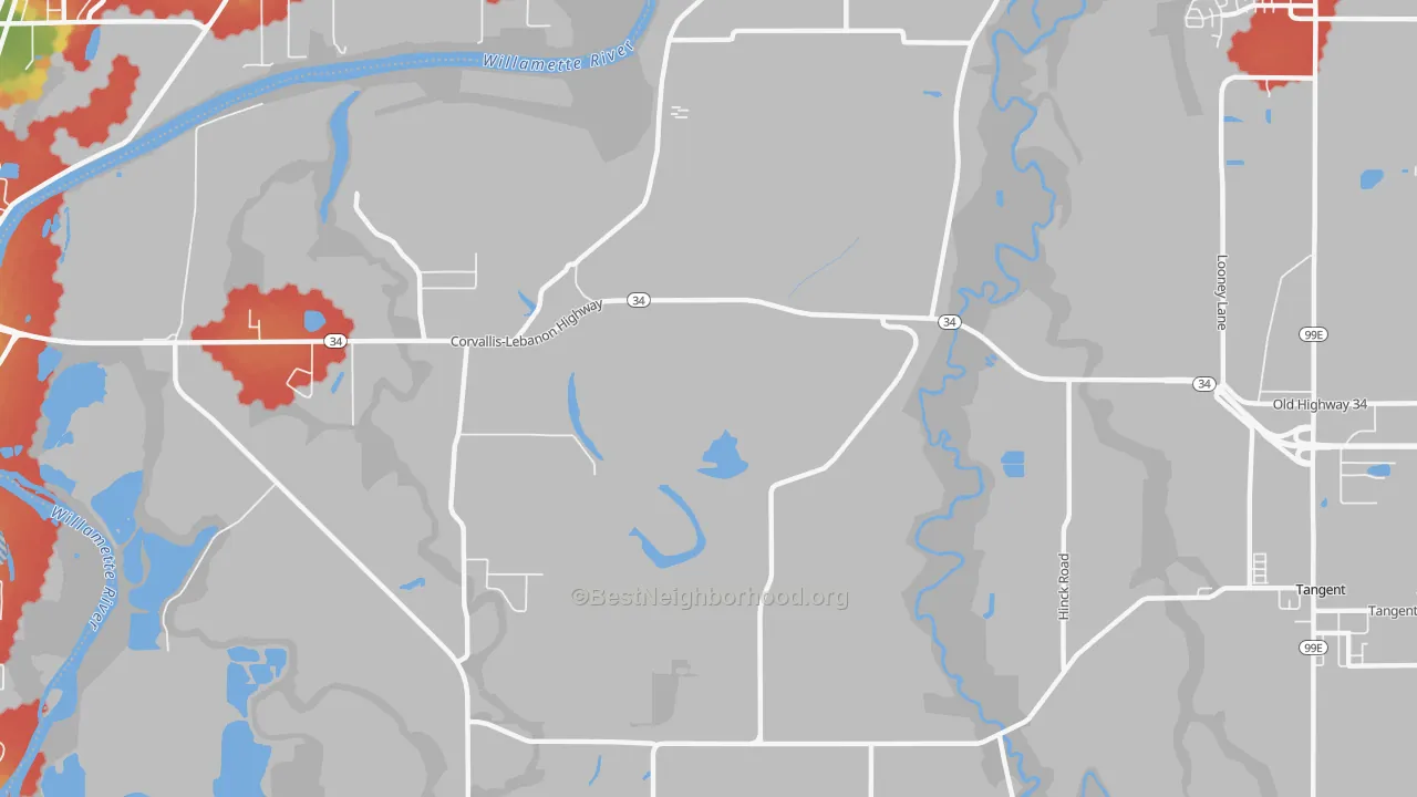 Walk Grade map of Orleans, OR, walkable areas in green and car-dependent areas in red