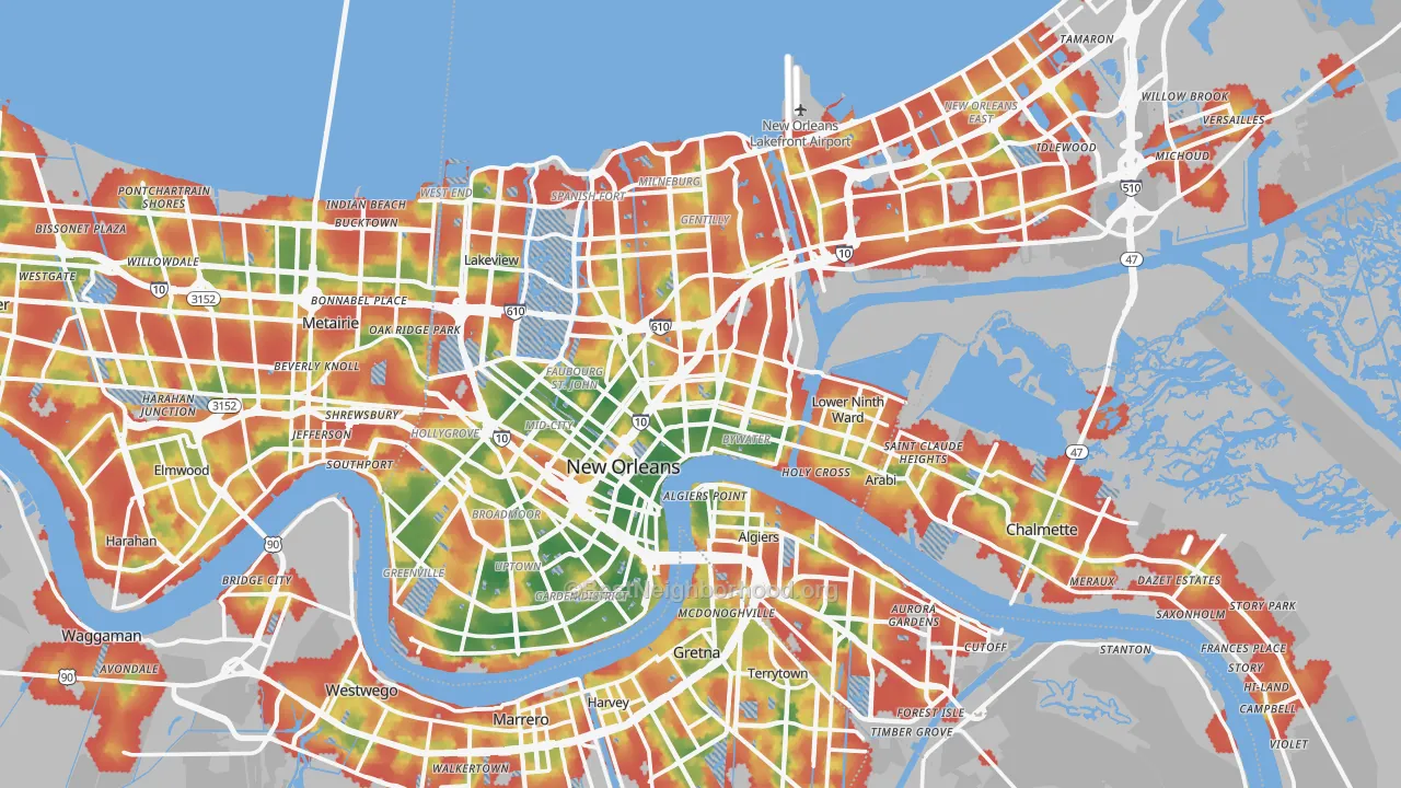 Walk Grade map of Orleans Parish, LA, walkable areas in green and car-dependent areas in red