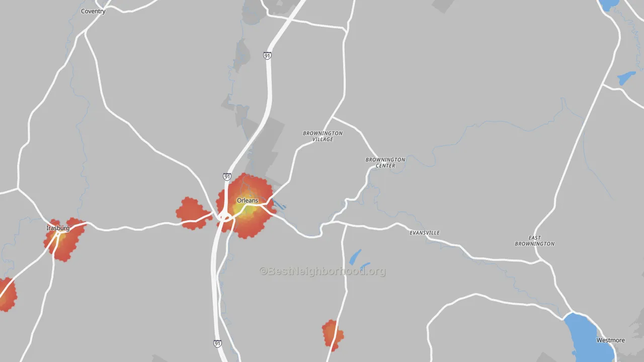 Walk Grade map of Orleans, VT, walkable areas in green and car-dependent areas in red