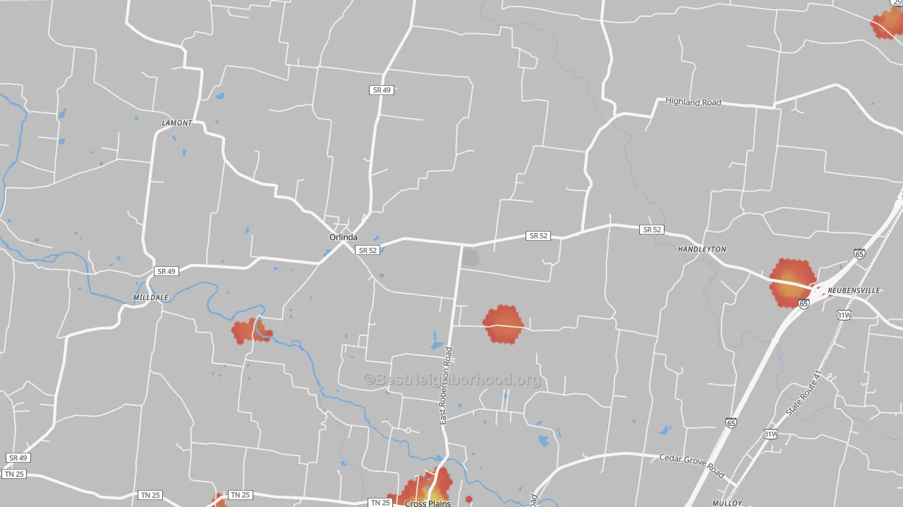 Walk Grade map of Orlinda, TN, walkable areas in green and car-dependent areas in red