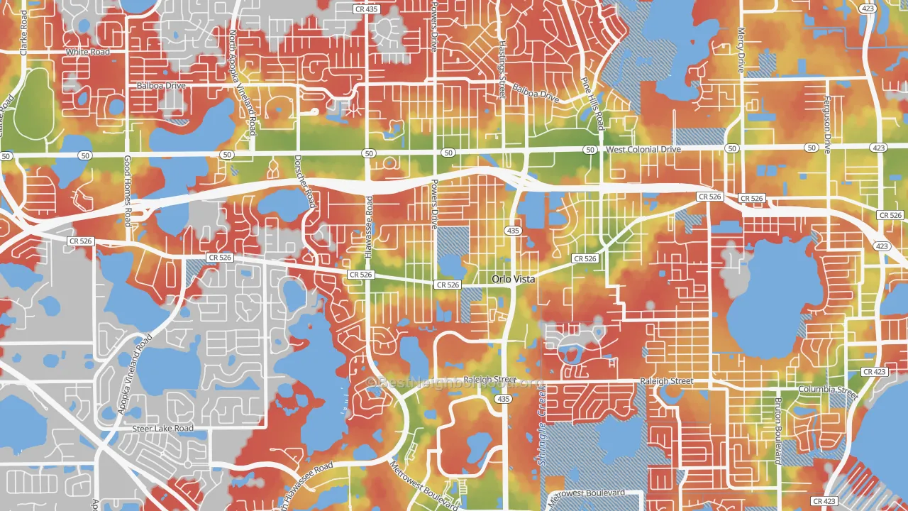 Walk Grade map of Orlovista, FL, walkable areas in green and car-dependent areas in red