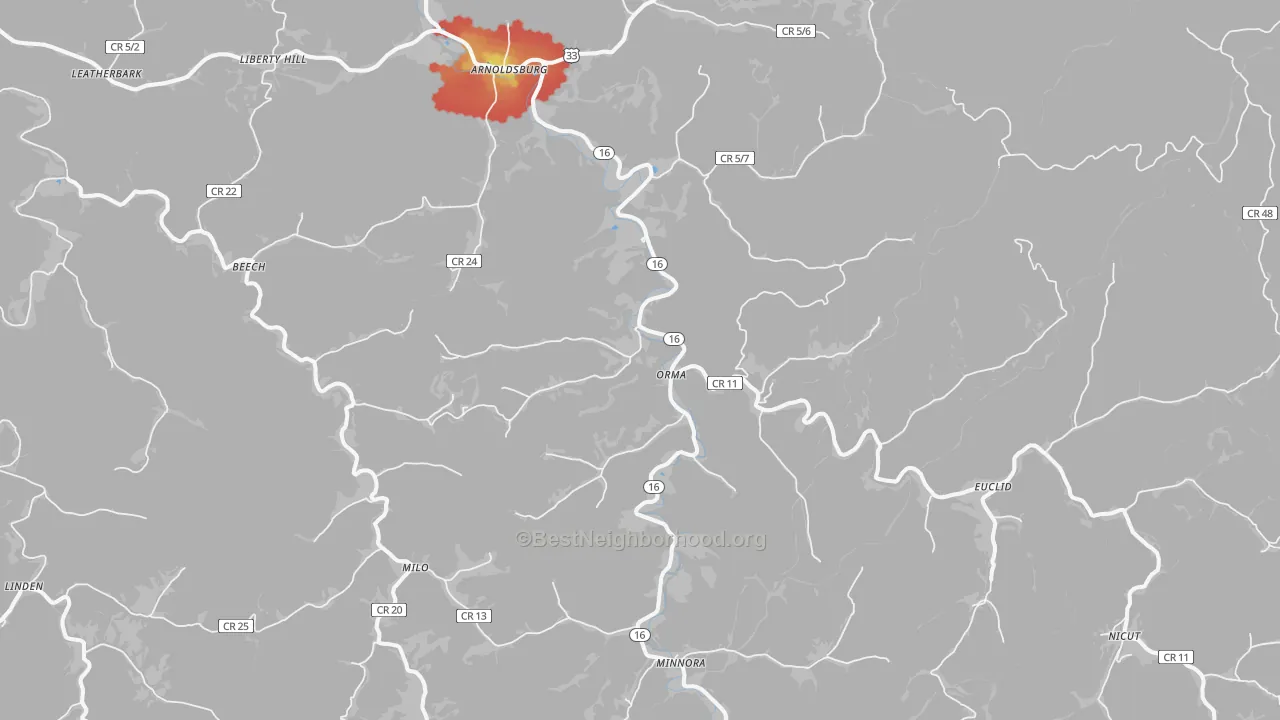 Walk Grade map of Orma, WV, walkable areas in green and car-dependent areas in red