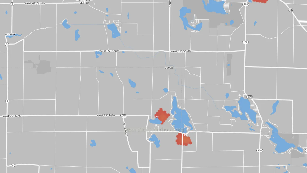 Walk Grade map of Ormas, IN, walkable areas in green and car-dependent areas in red
