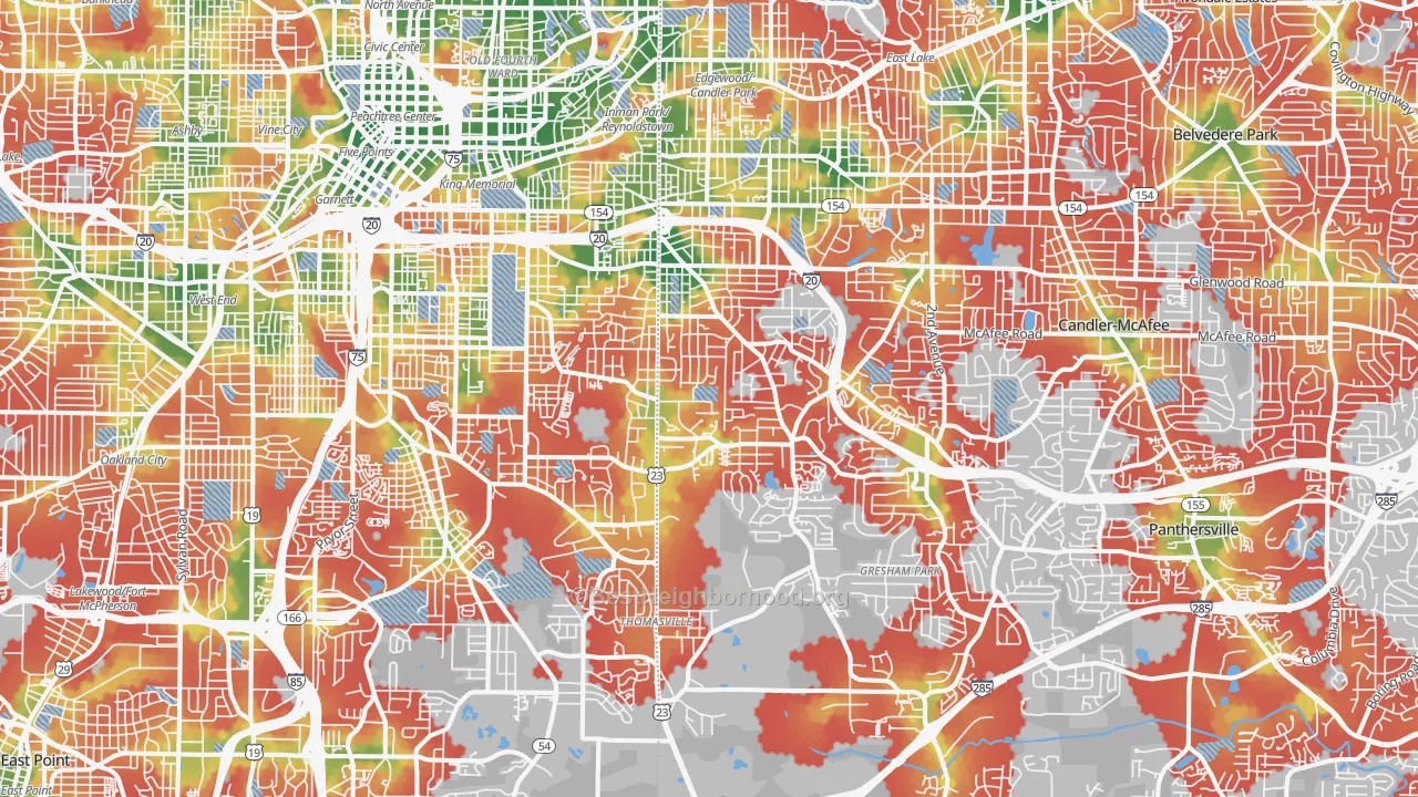 Walk Grade map of Ormewood Park-East Atlanta, Atlanta, GA, walkable areas in green and car-dependent areas in red