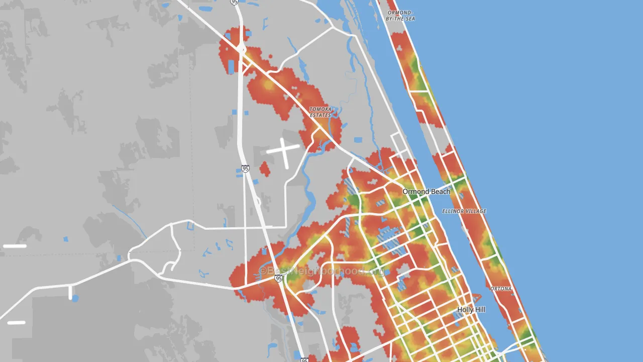Walk Grade map of Ormond Beach, FL, walkable areas in green and car-dependent areas in red