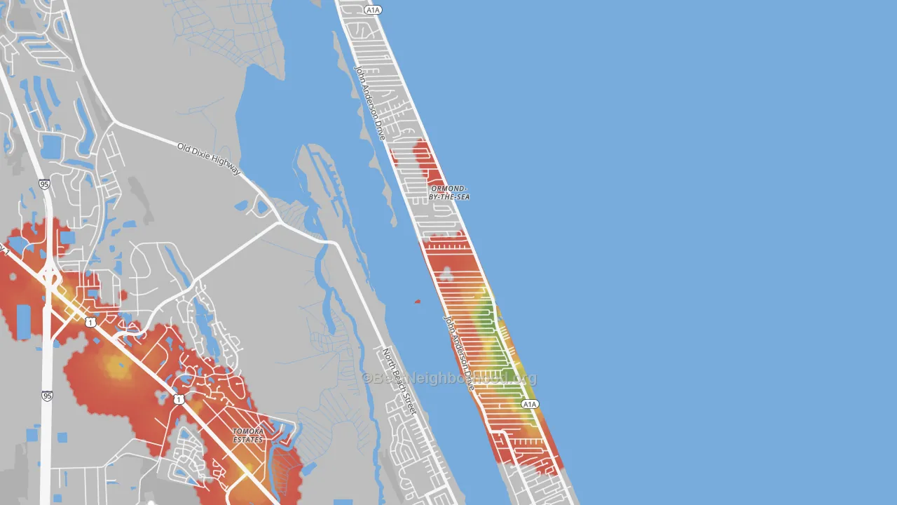 Walk Grade map of Ormond-by-the-Sea, FL, walkable areas in green and car-dependent areas in red