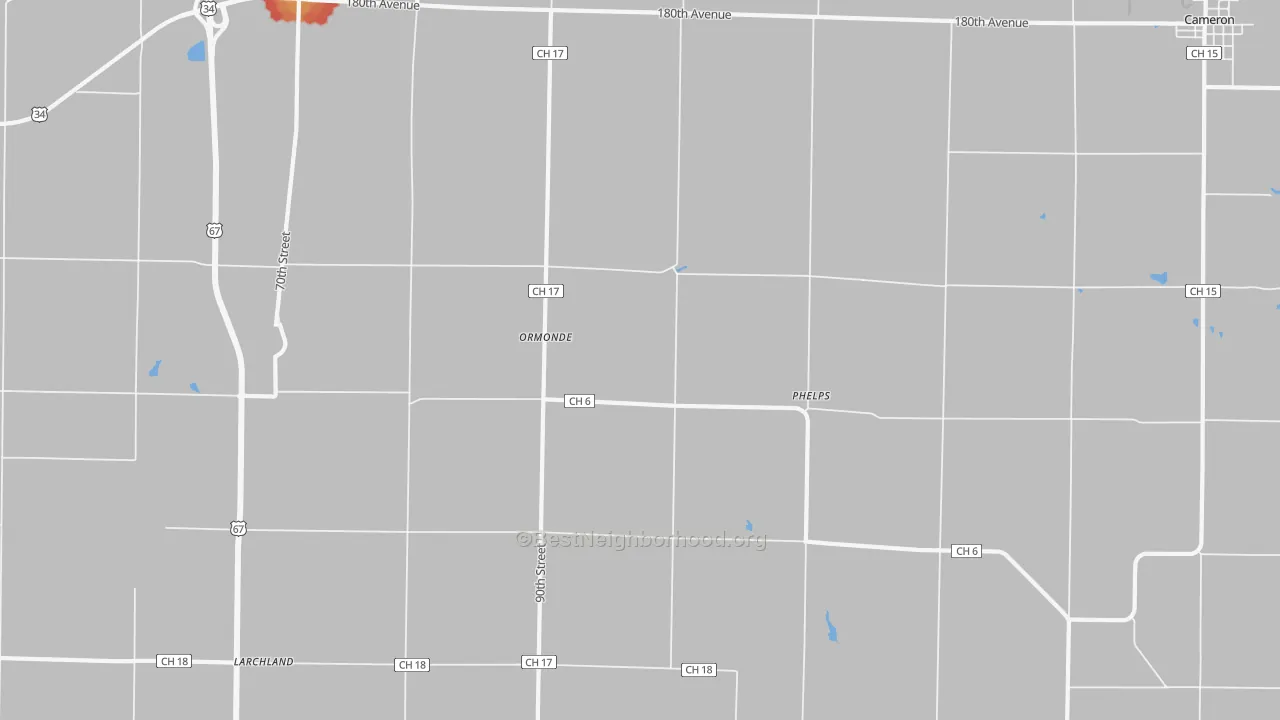 Walk Grade map of Ormonde, IL, walkable areas in green and car-dependent areas in red