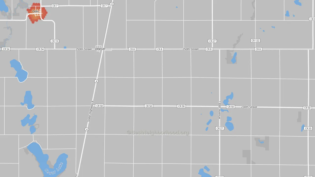 Walk Grade map of Ormsby, MN, walkable areas in green and car-dependent areas in red