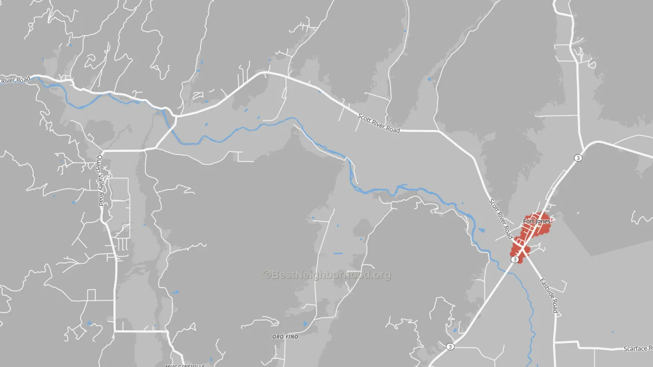 Walk Grade map of Oro Fino, CA, walkable areas in green and car-dependent areas in red