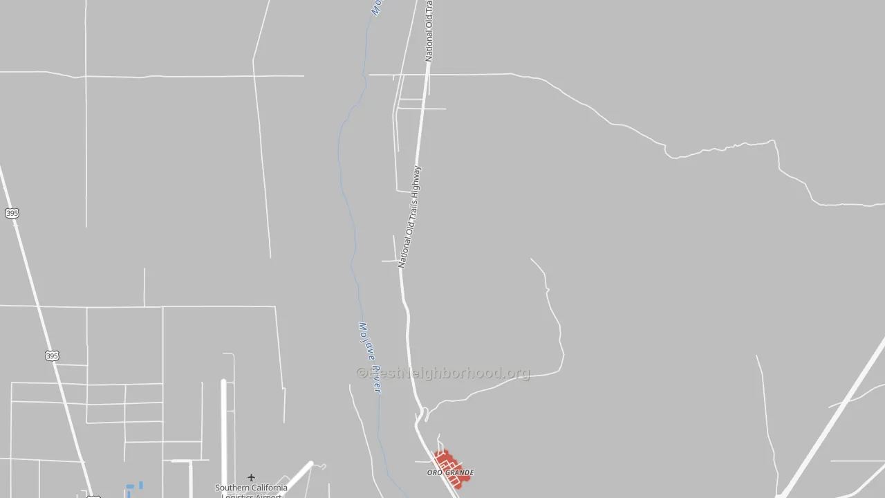 Walk Grade map of Oro Grande, CA, walkable areas in green and car-dependent areas in red