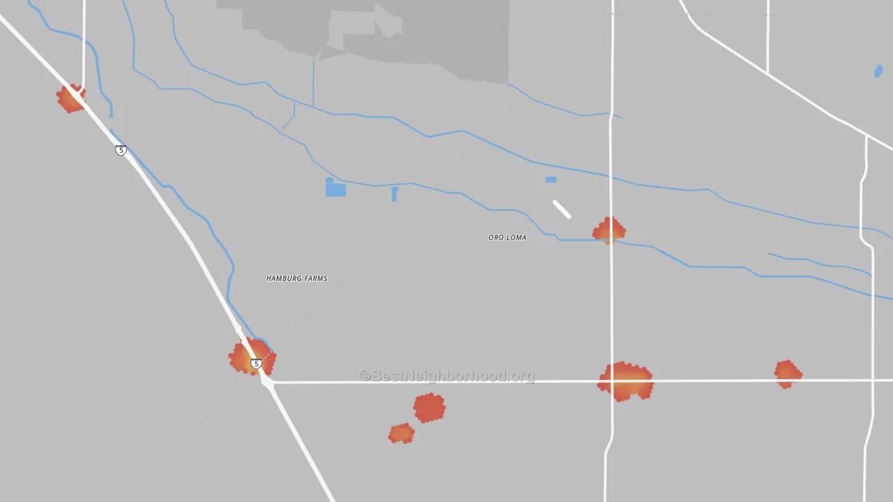 Walk Grade map of Oro Loma, CA, walkable areas in green and car-dependent areas in red