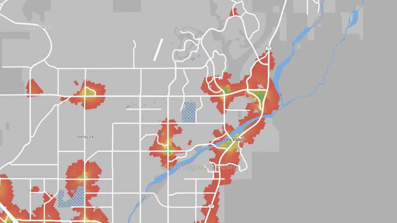 Walk Grade map of Oro Valley, AZ, walkable areas in green and car-dependent areas in red