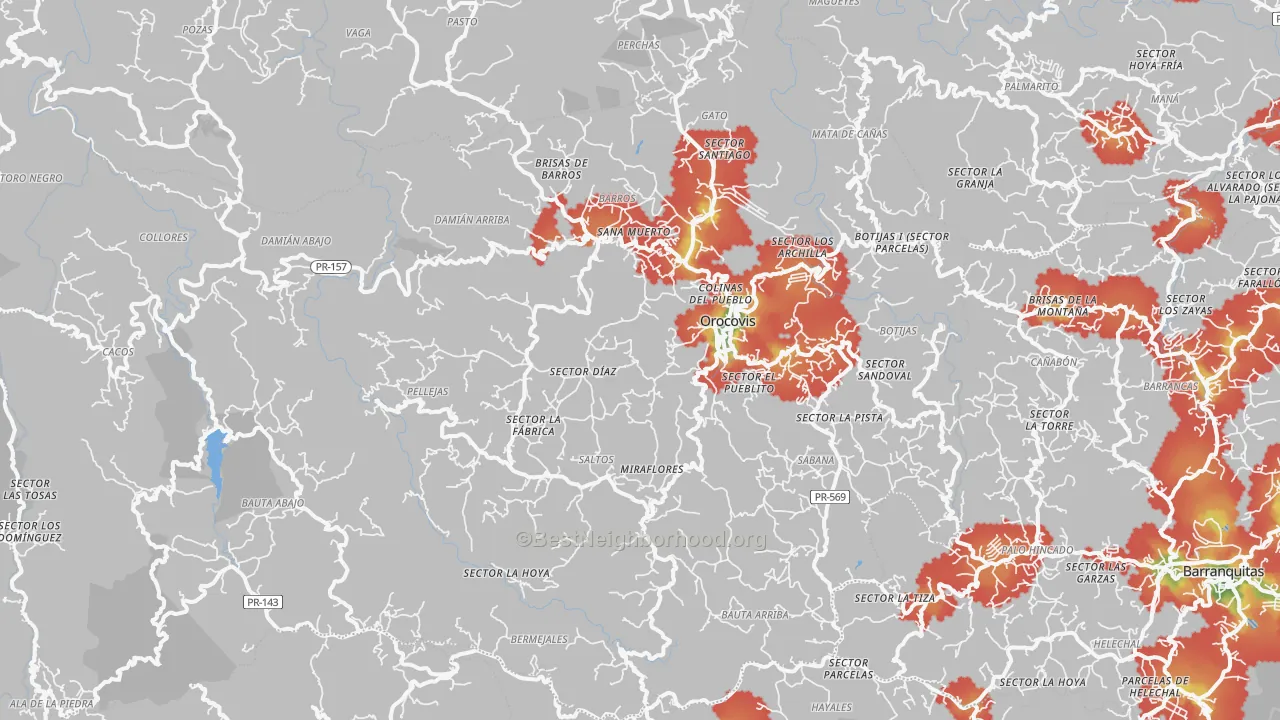 Walk Grade map of Orocovis Municipio, PR, walkable areas in green and car-dependent areas in red