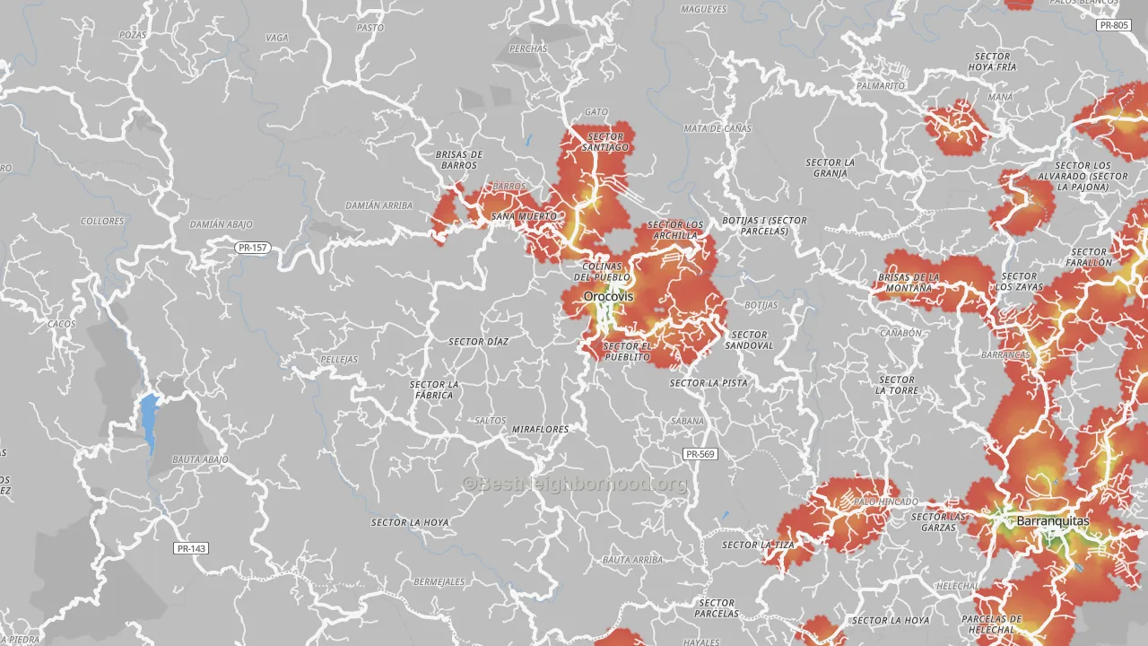 Walk Grade map of Orocovis, PR, walkable areas in green and car-dependent areas in red