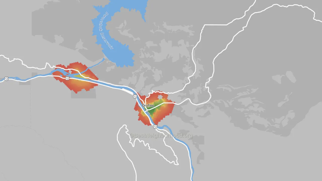 Walk Grade map of Orofino, ID, walkable areas in green and car-dependent areas in red