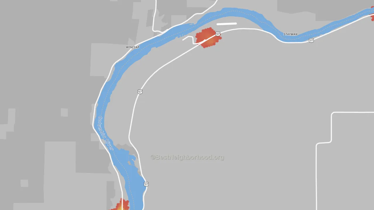 Walk Grade map of Orondo, WA, walkable areas in green and car-dependent areas in red
