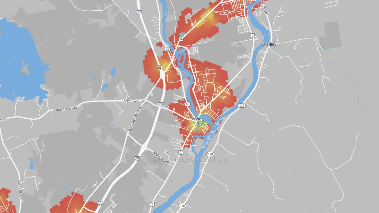 Walk Grade map of Orono, ME, walkable areas in green and car-dependent areas in red