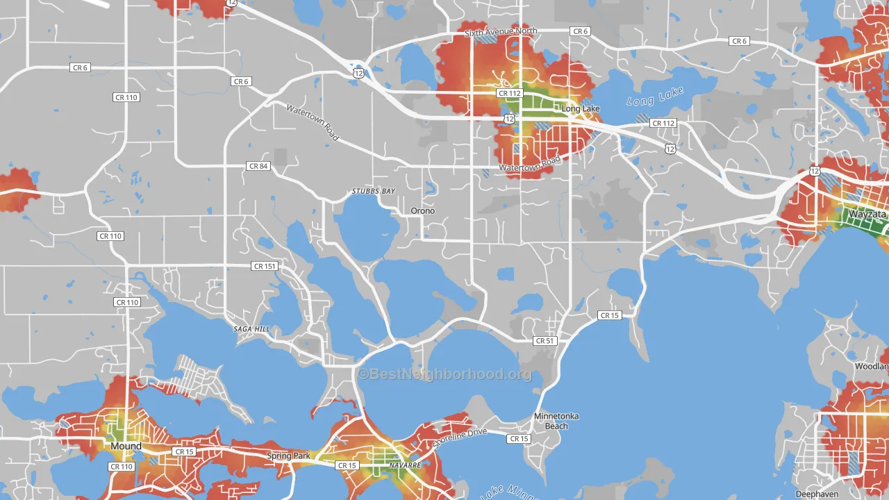 Walk Grade map of Orono, MN, walkable areas in green and car-dependent areas in red