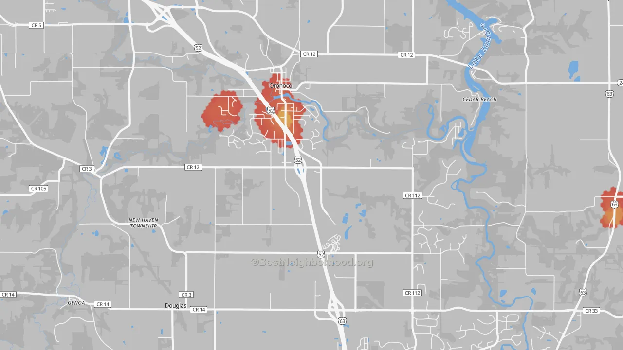 Walk Grade map of Oronoco, MN, walkable areas in green and car-dependent areas in red