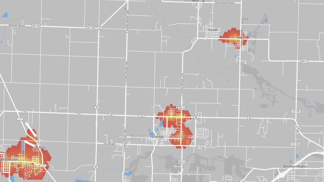 Walk Grade map of Oronogo, MO, walkable areas in green and car-dependent areas in red