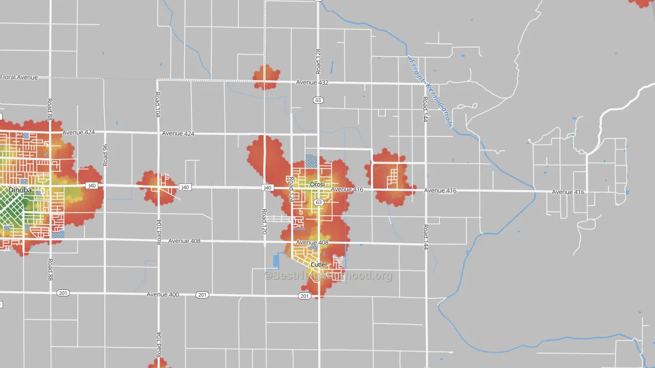 Walk Grade map of Orosi, CA, walkable areas in green and car-dependent areas in red