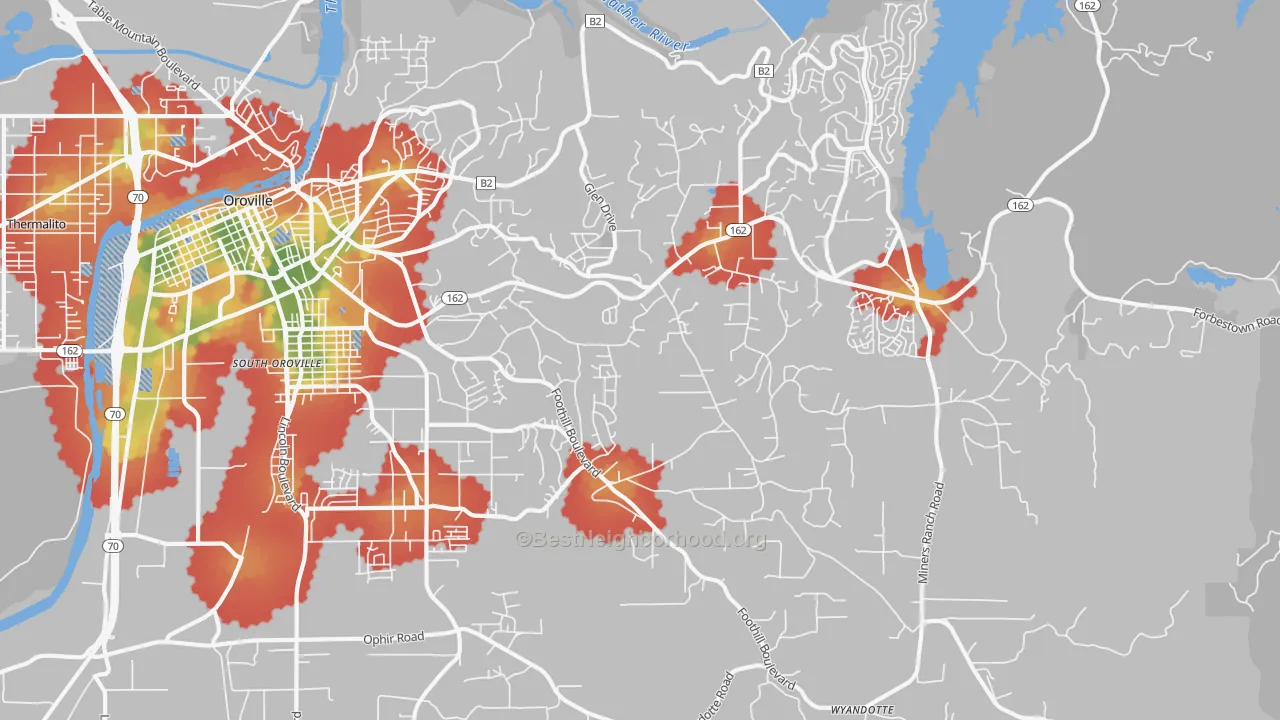 Walk Grade map of Oroville East, CA, walkable areas in green and car-dependent areas in red
