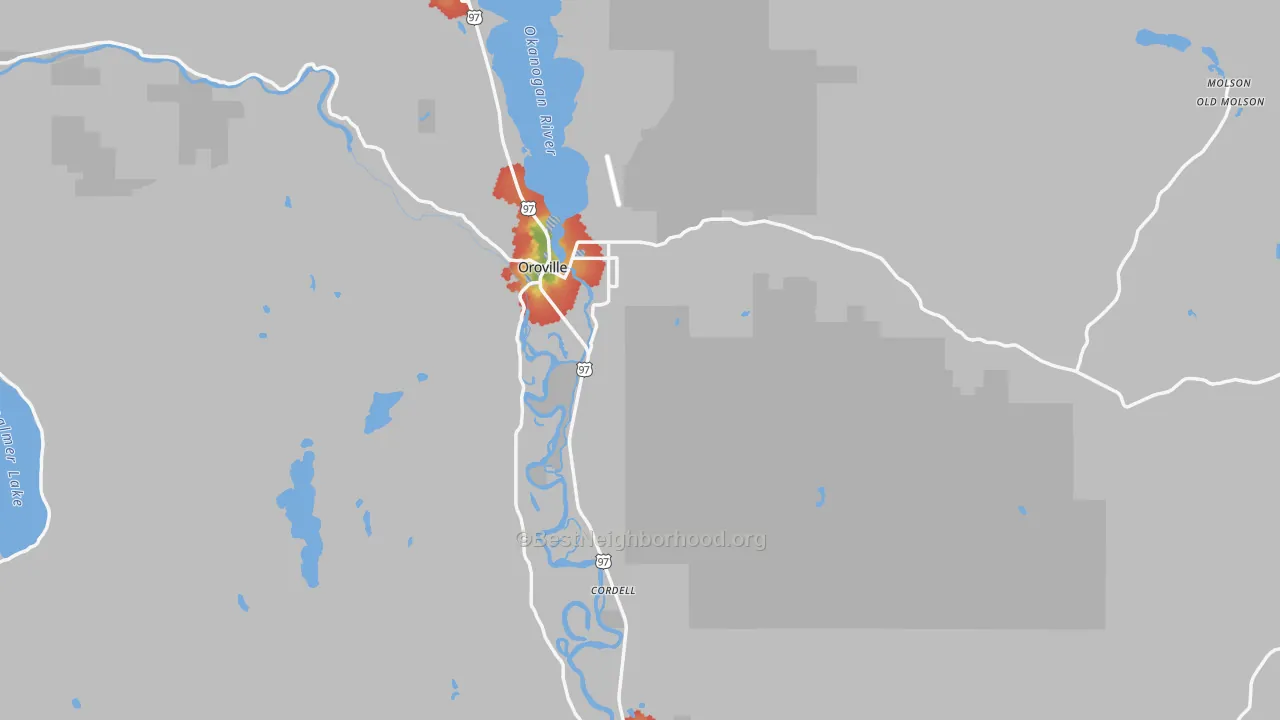 Walk Grade map of Oroville, WA, walkable areas in green and car-dependent areas in red