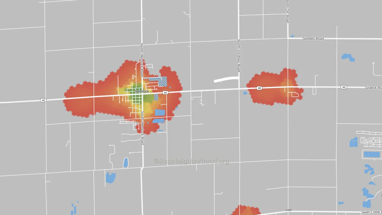 Walk Grade map of Orr, MI, walkable areas in green and car-dependent areas in red
