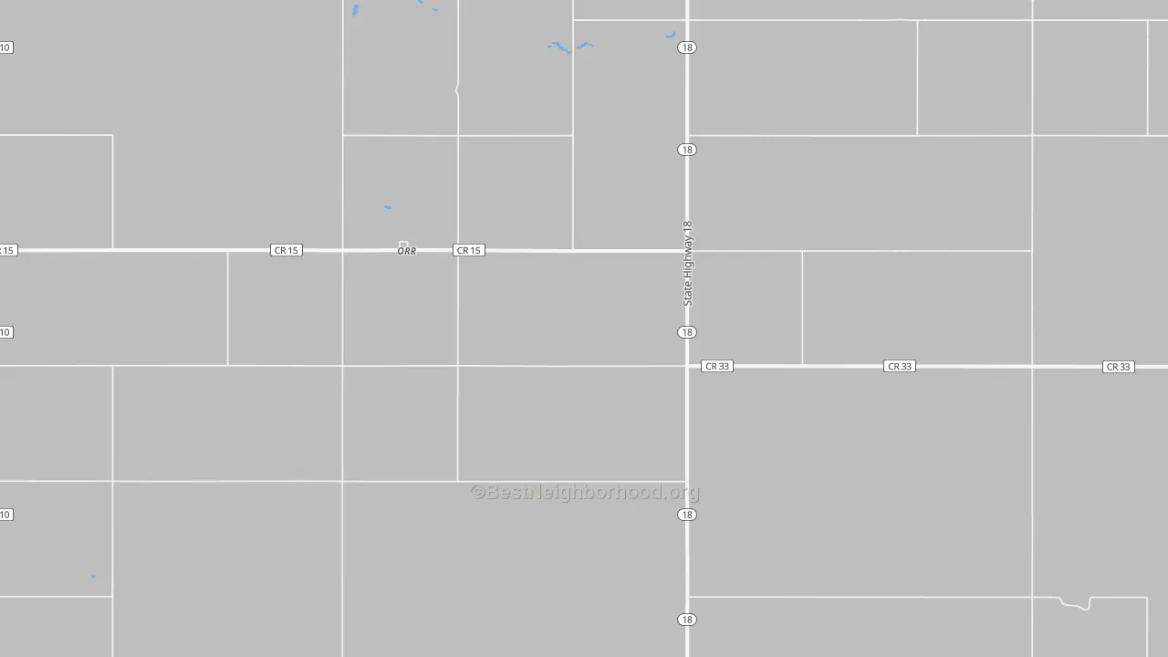 Walk Grade map of Orr, ND, walkable areas in green and car-dependent areas in red