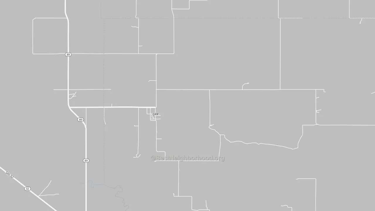 Walk Grade map of Orr, OK, walkable areas in green and car-dependent areas in red