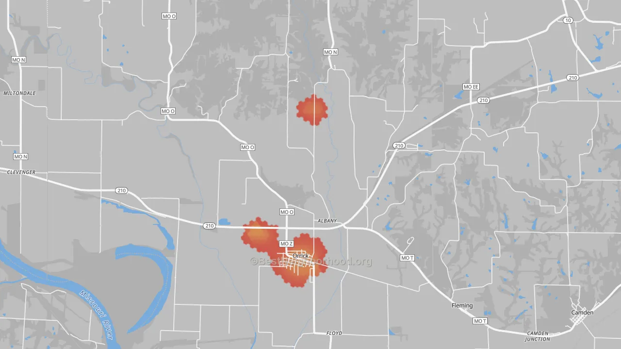 Walk Grade map of Orrick, MO, walkable areas in green and car-dependent areas in red