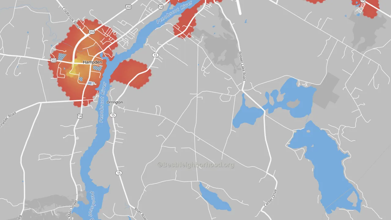 Walk Grade map of Orrington, ME, walkable areas in green and car-dependent areas in red