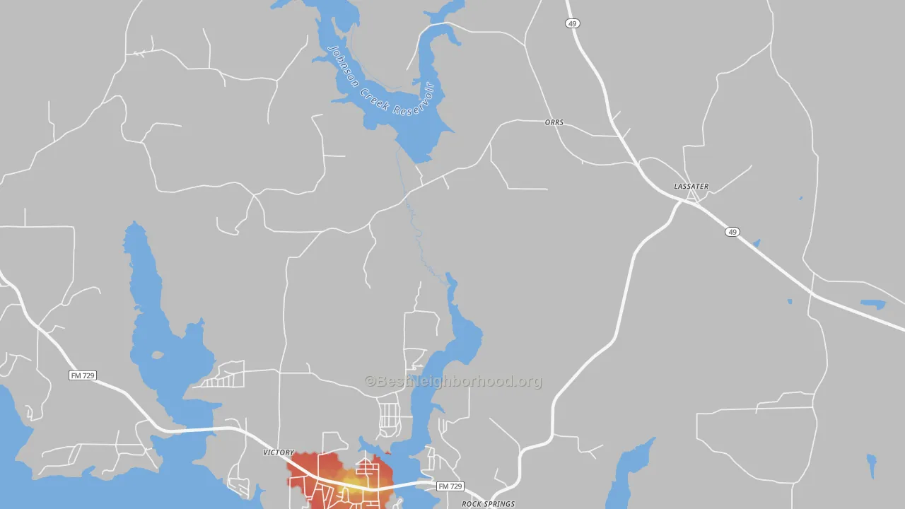 Walk Grade map of Orrs, TX, walkable areas in green and car-dependent areas in red