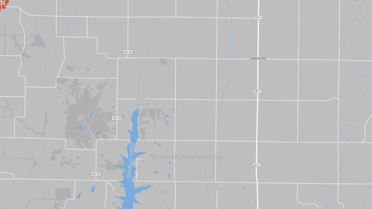 Walk Grade map of Orrsburg, MO, walkable areas in green and car-dependent areas in red