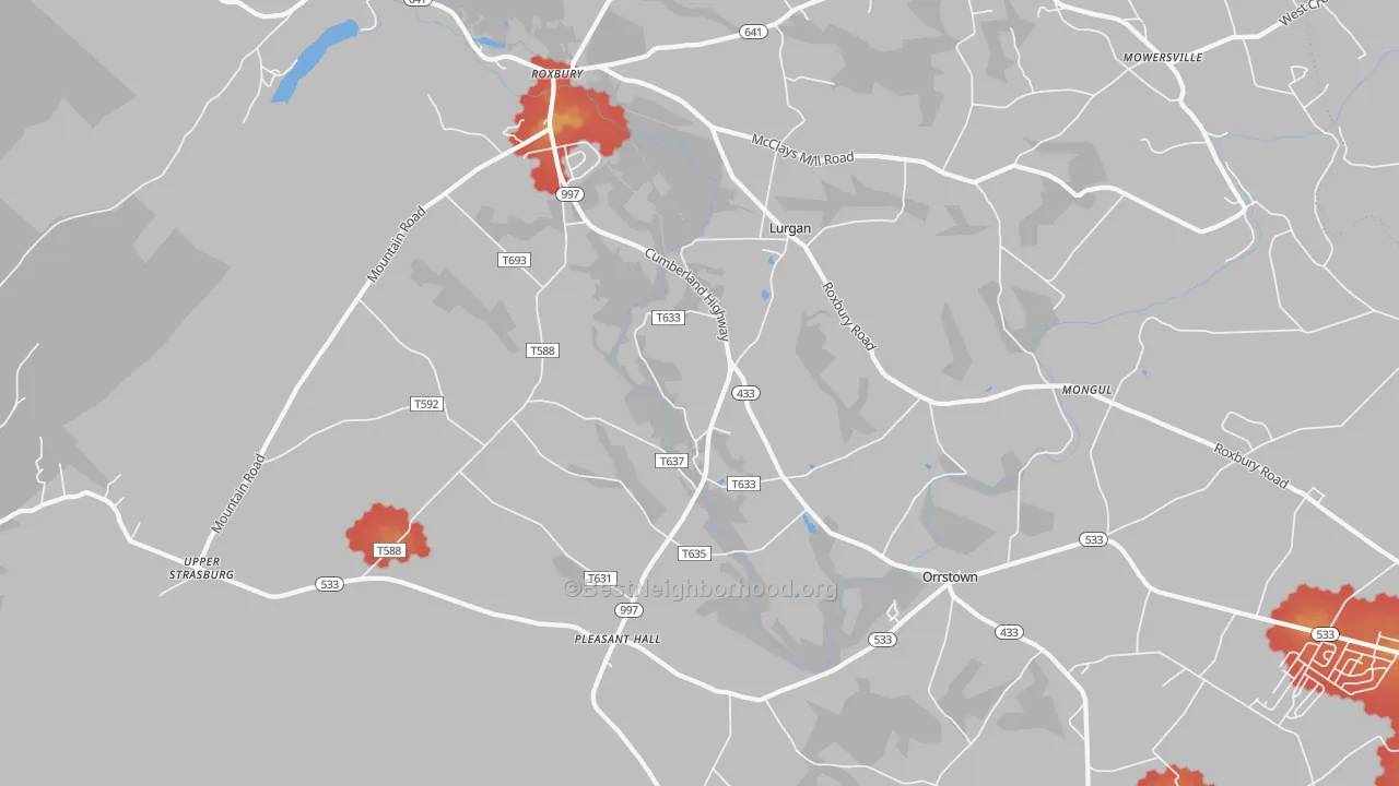 Walk Grade map of Orrstown, PA, walkable areas in green and car-dependent areas in red