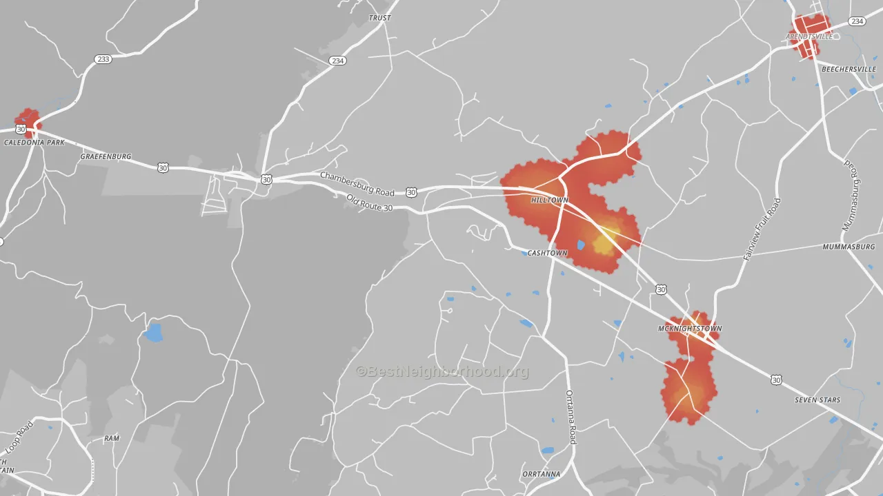 Walk Grade map of Orrtanna, PA, walkable areas in green and car-dependent areas in red