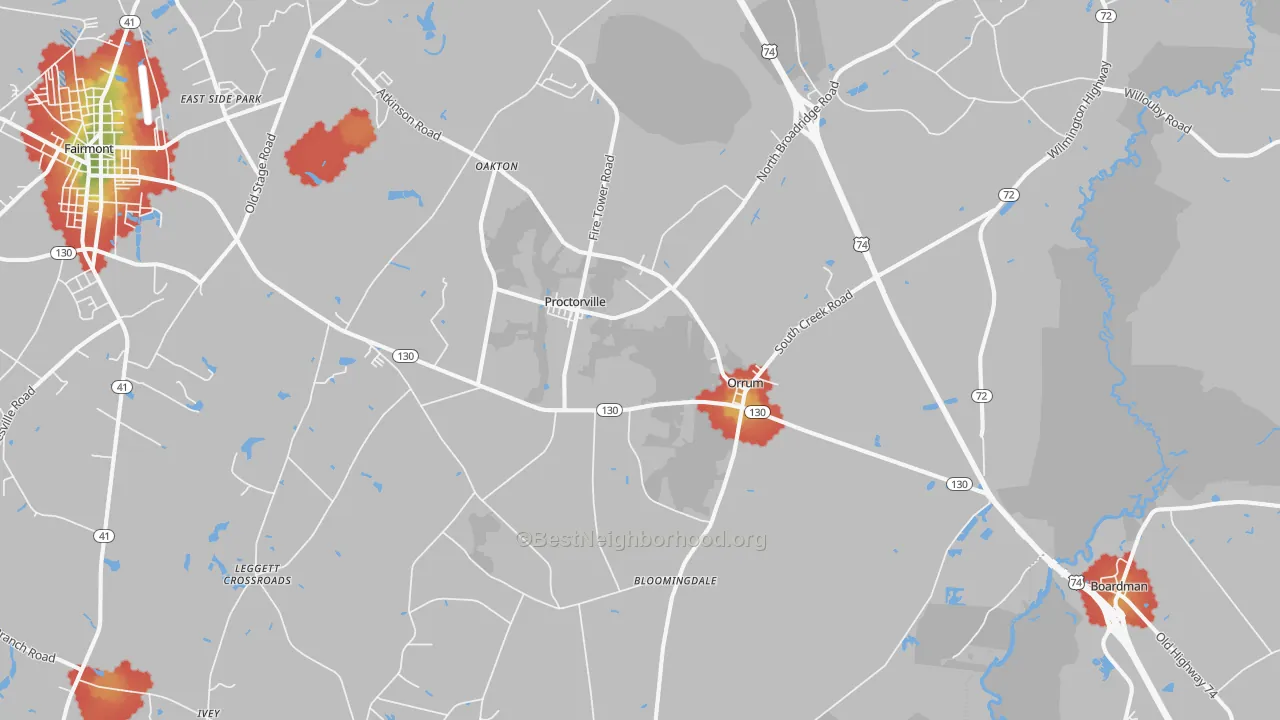 Walk Grade map of Orrum, NC, walkable areas in green and car-dependent areas in red