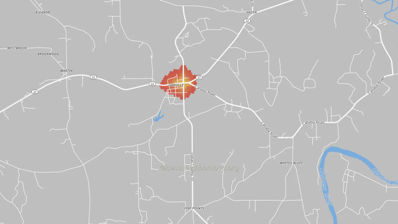 Walk Grade map of Orrville, AL, walkable areas in green and car-dependent areas in red